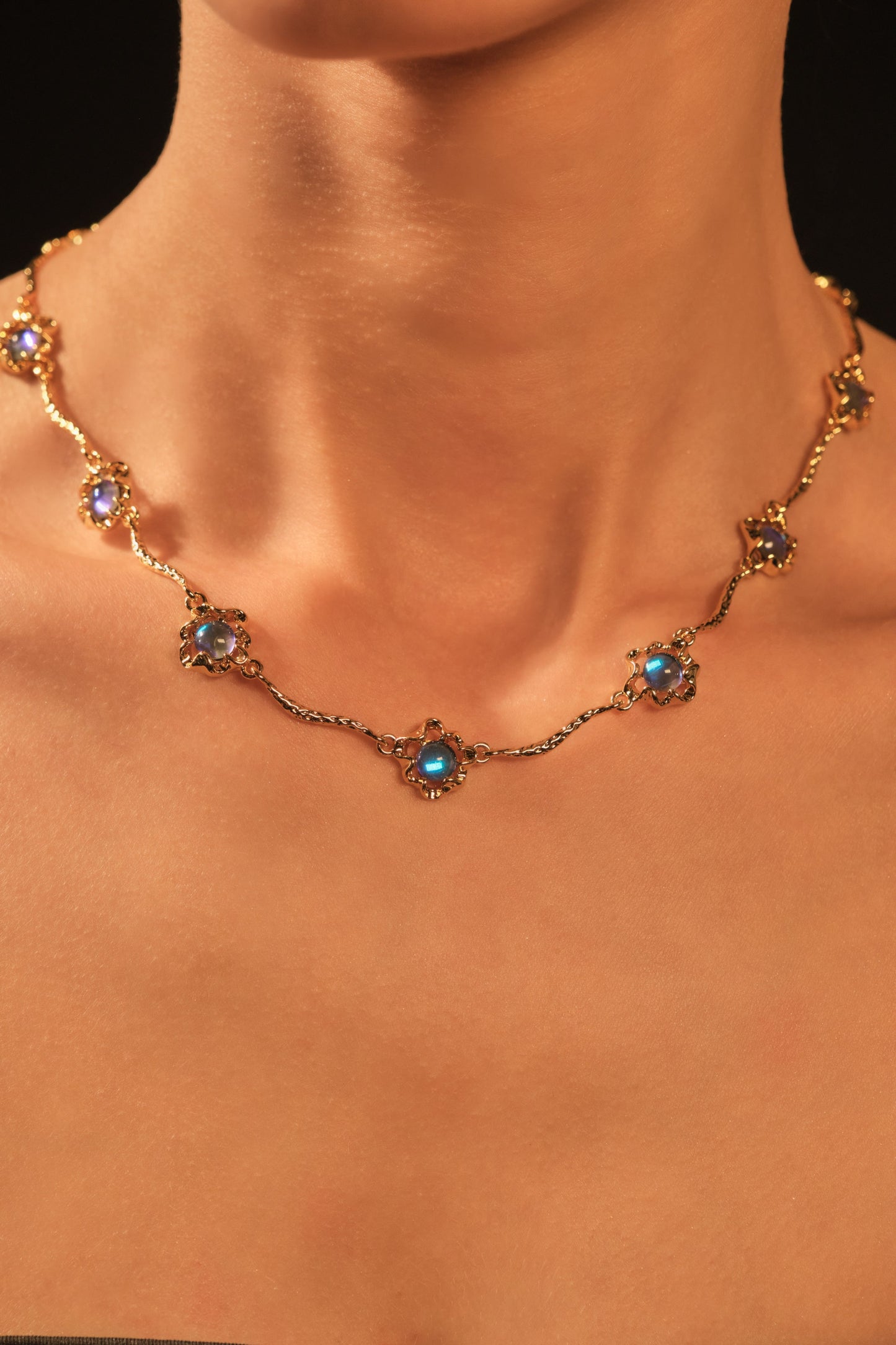 18K Real Gold Plated Multi Deep Blue Moonstones Necklace