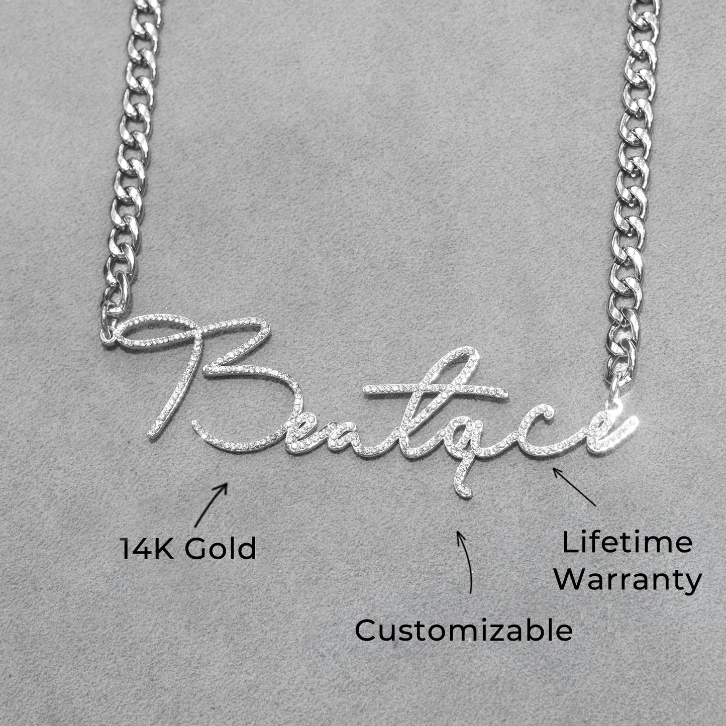 Women Jewelry - White Gold Iced Out VVS Name Necklace | Style # N39