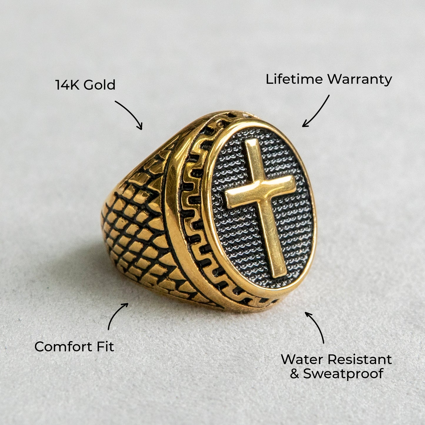 Mens Jewelry - Oval Cross Gold Pinky Ring | 17 Grams
