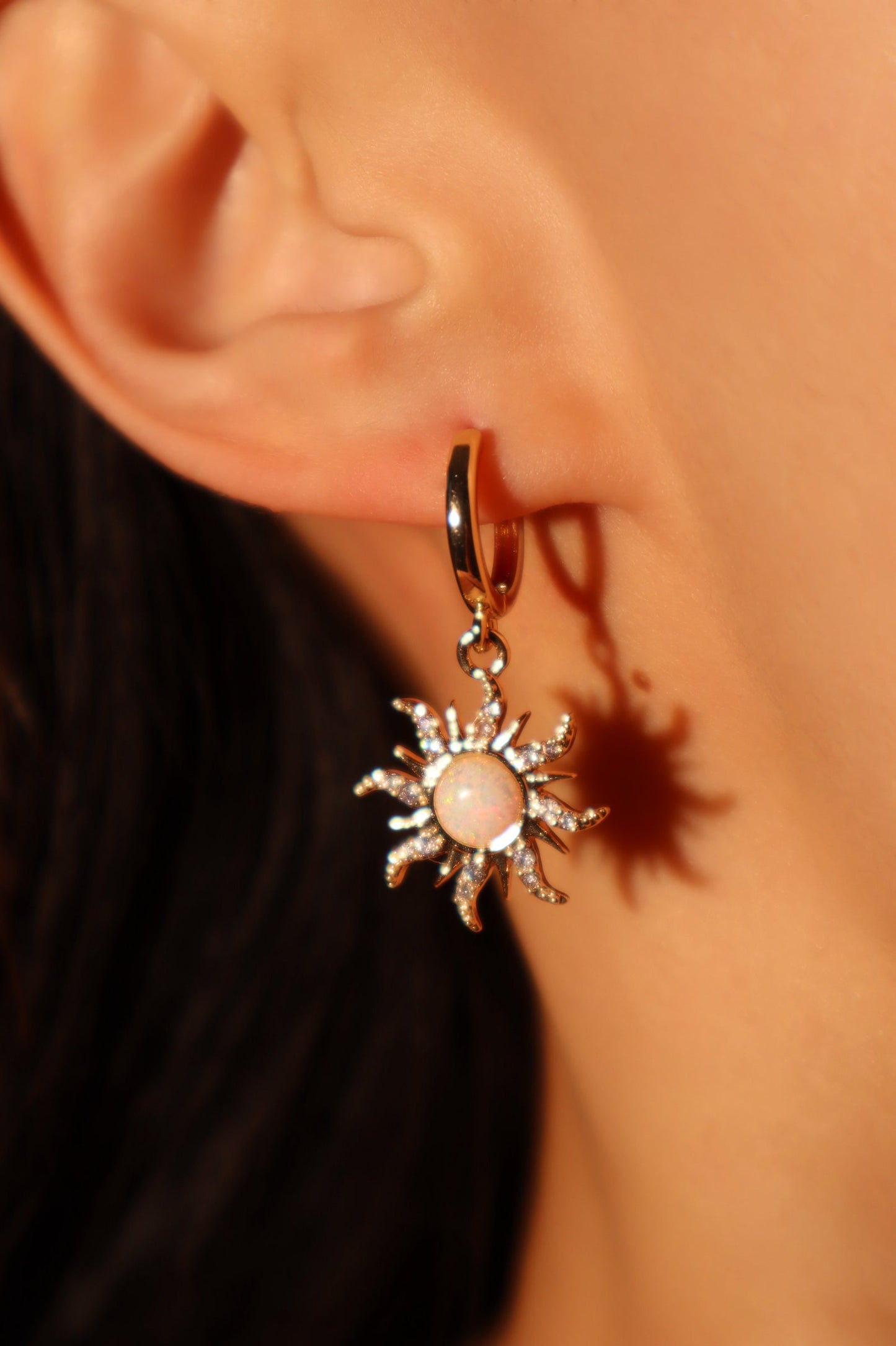 18K Real Gold Plated White Opal Sun Earrings