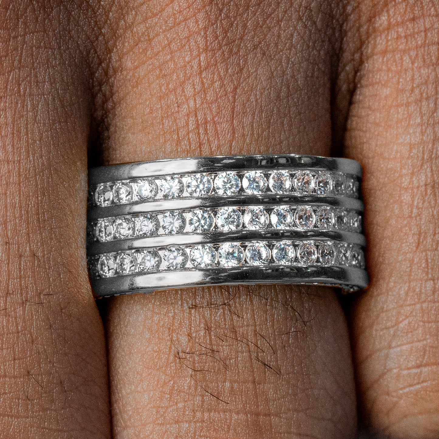 Mens Jewelry - 14K White Gold Iced Out VVS Triple Row Eternity Ring | 9.3 Grams