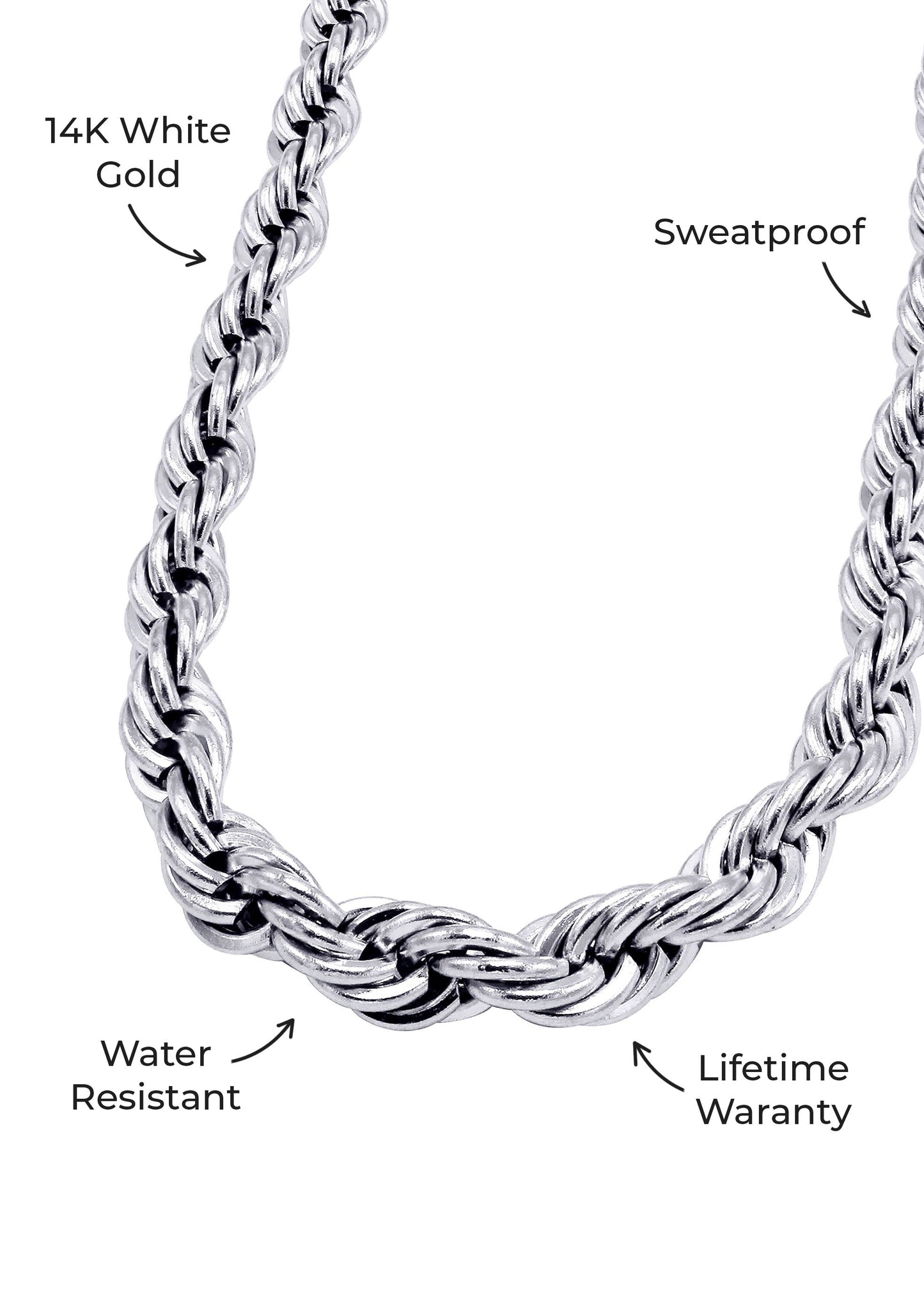 Gold Jewelry - Mens 14K White Gold Solid Rope Chain