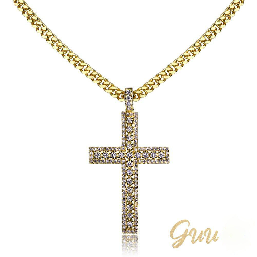 35mm Iced Yellow Gold-Plated CZ Cross Pendant