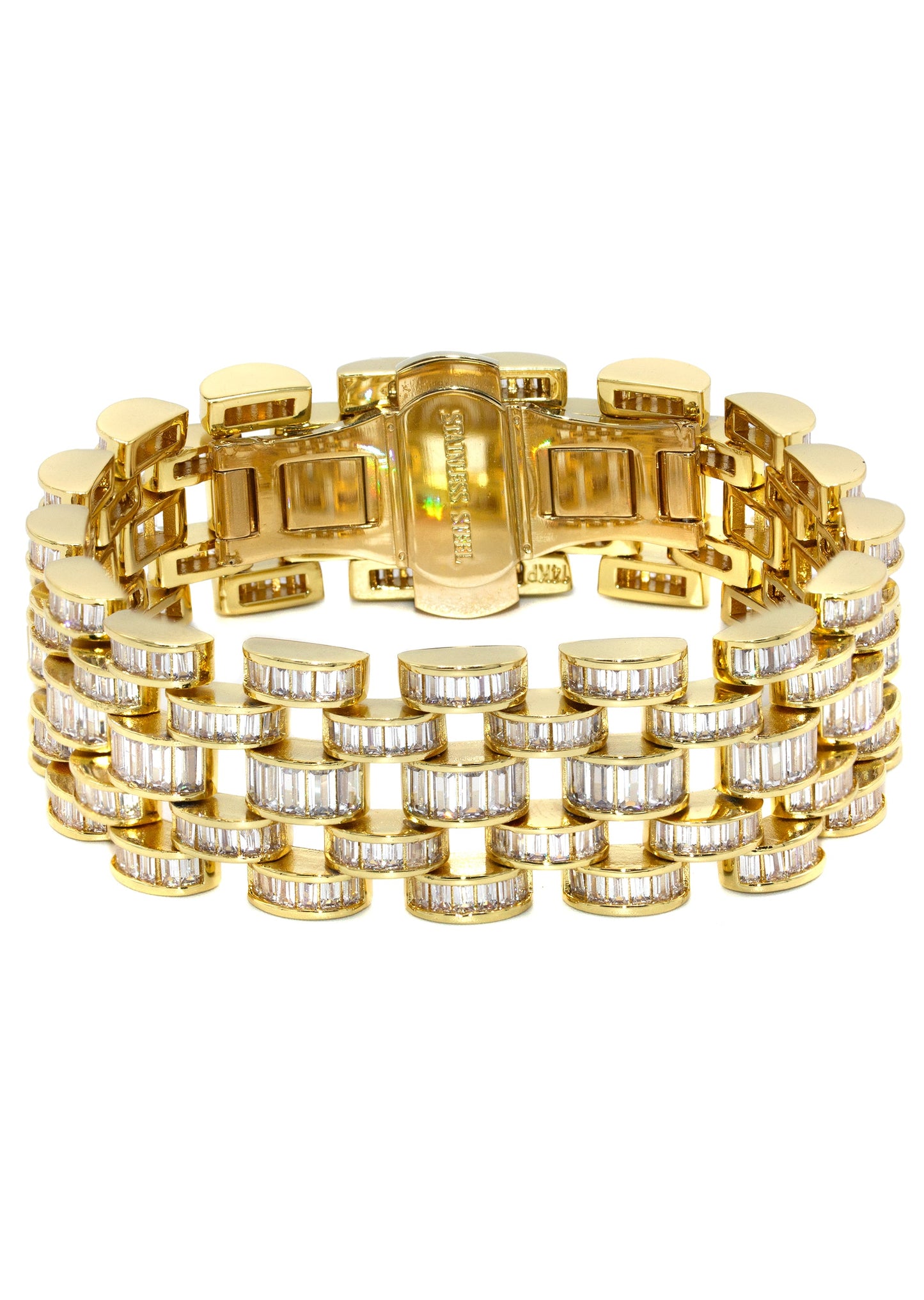 Gold Jewelry - Mens 14K Gold Iced Out VVS Baguette Presidential Band Bracelet