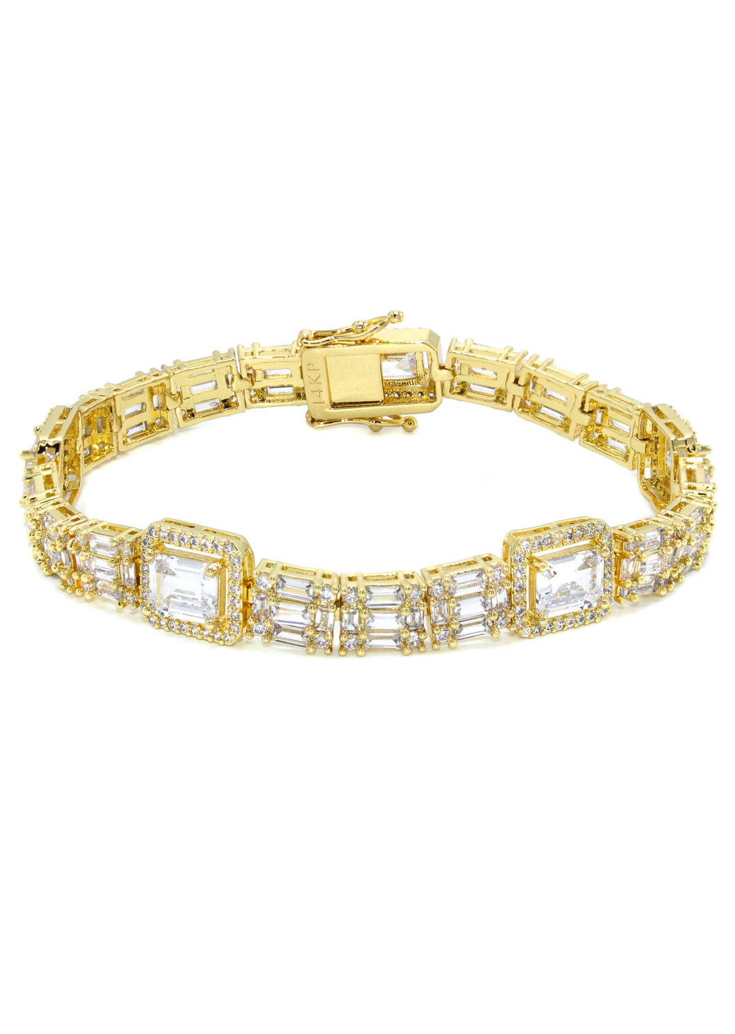 Gold Jewelry - Mens 14K Gold Baguette Cluster Iced Out VVS Tennis Bracelet