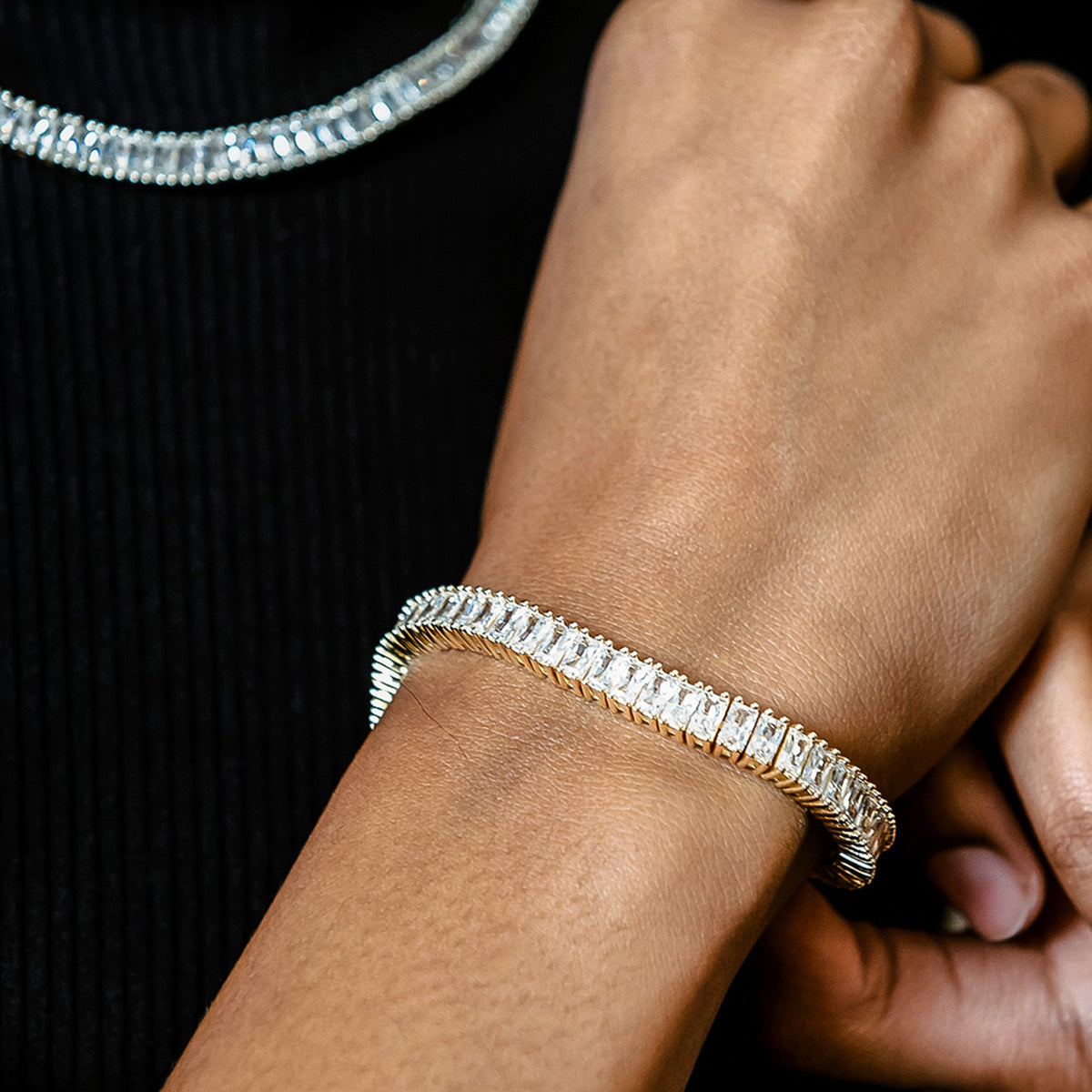 Diamond Baguette Tennis Necklace + Bracelet Bundle in Yellow Gold- 6mm