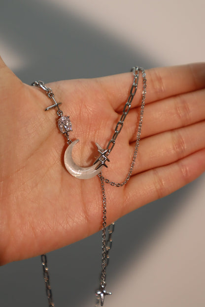 Palladium White Gold Plated Moon Star Chain Necklace