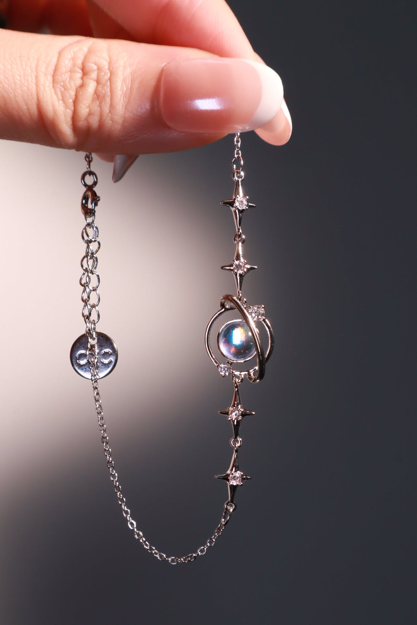 Palladium White Gold Plated Moonstone Saturn Star Bracelet