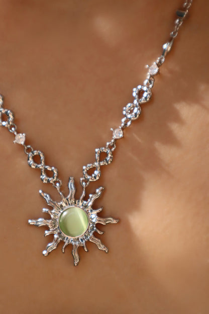 Palladium White Gold Plated Green Opal Sun Necklace