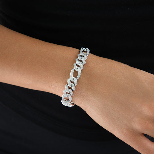 Diamond Figaro Chain Bracelet in White Gold - 10mm