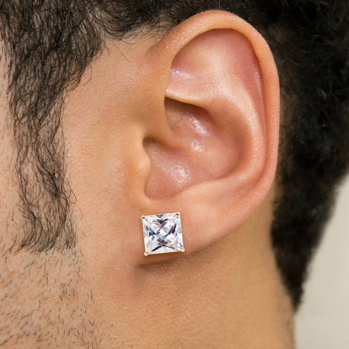 Mens Jewelry - Gold Push Backing Square Iced Out VVS Stud Earrings for Men