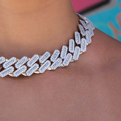 Diamond Baguette Tight Link Cuban Chain Necklace in White Gold - 19mm