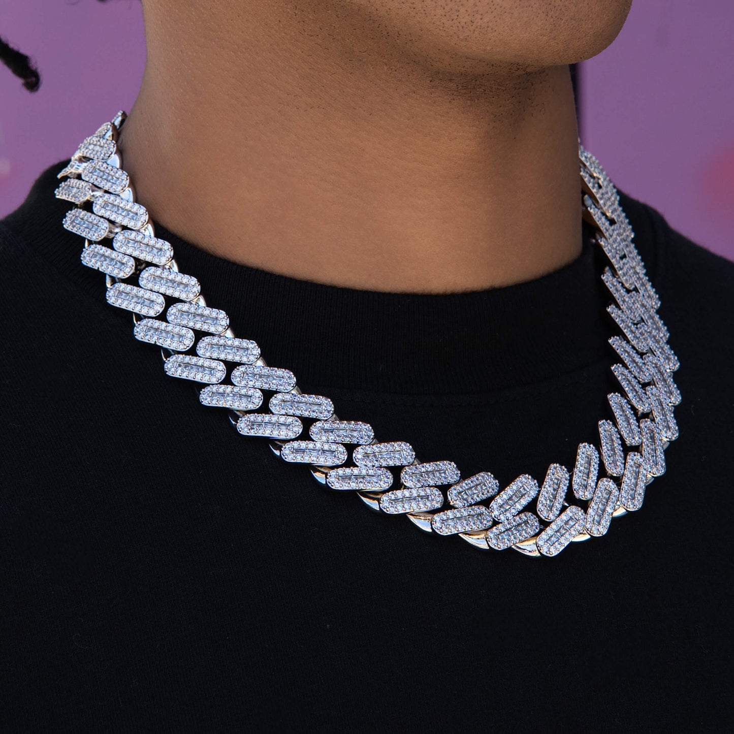 Diamond Baguette Tight Link Cuban Chain Necklace in White Gold - 19mm