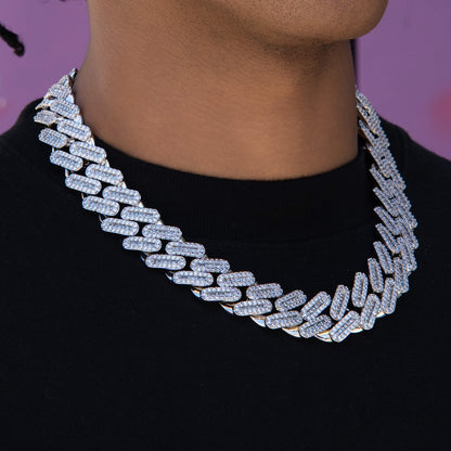 Diamond Baguette Tight Link Cuban Chain Necklace in White Gold - 19mm