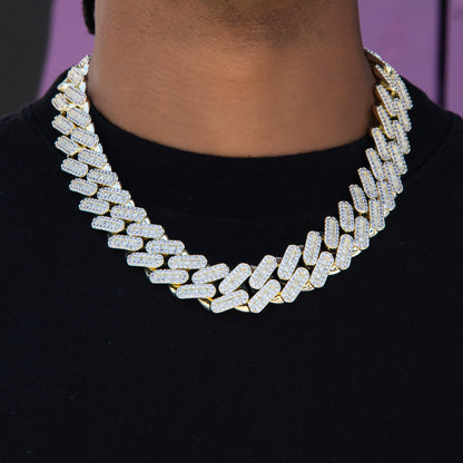 Diamond Baguette Tight Link Cuban Chain Necklace in Yellow Gold - 19mm
