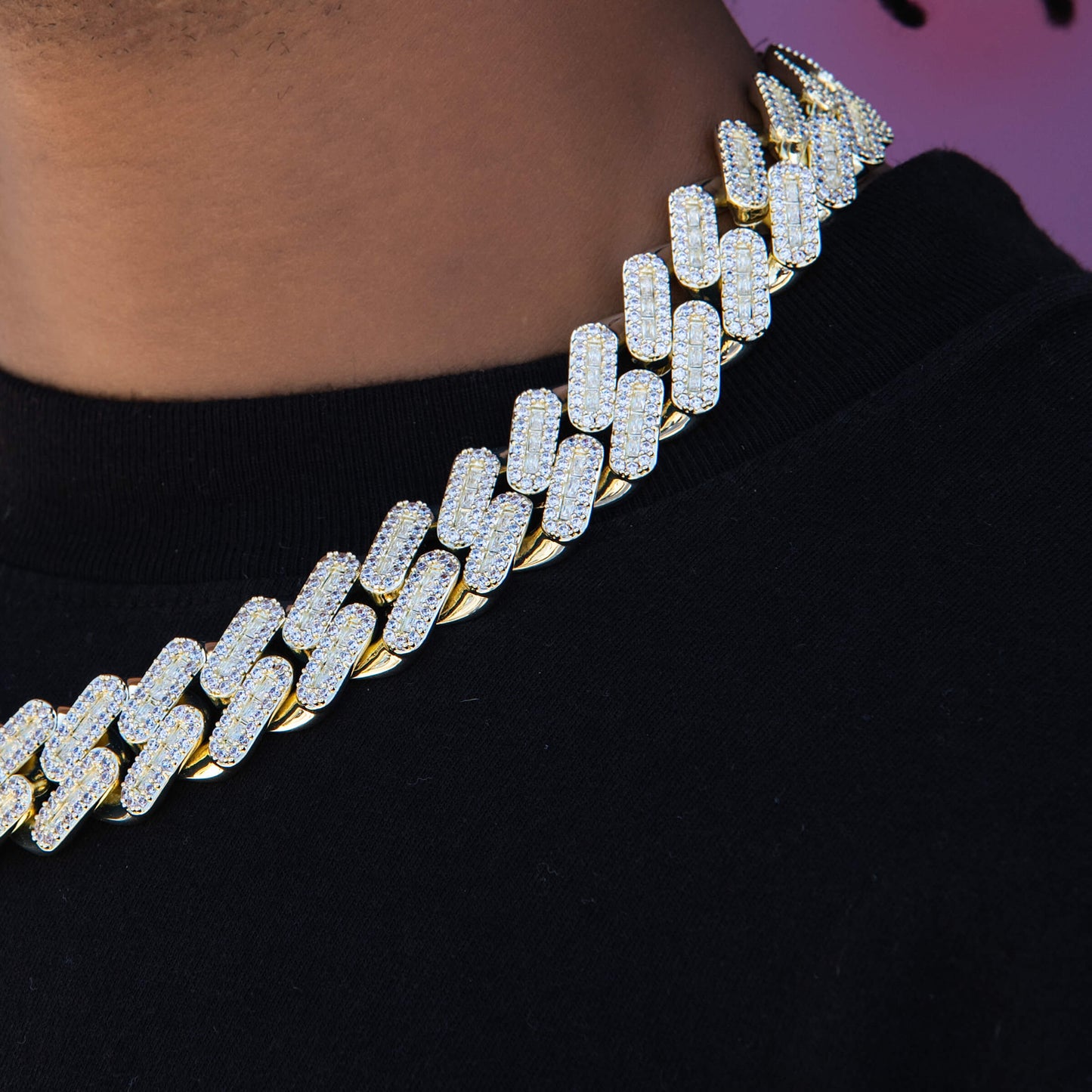Diamond Baguette Tight Link Cuban Chain Necklace in Yellow Gold - 19mm