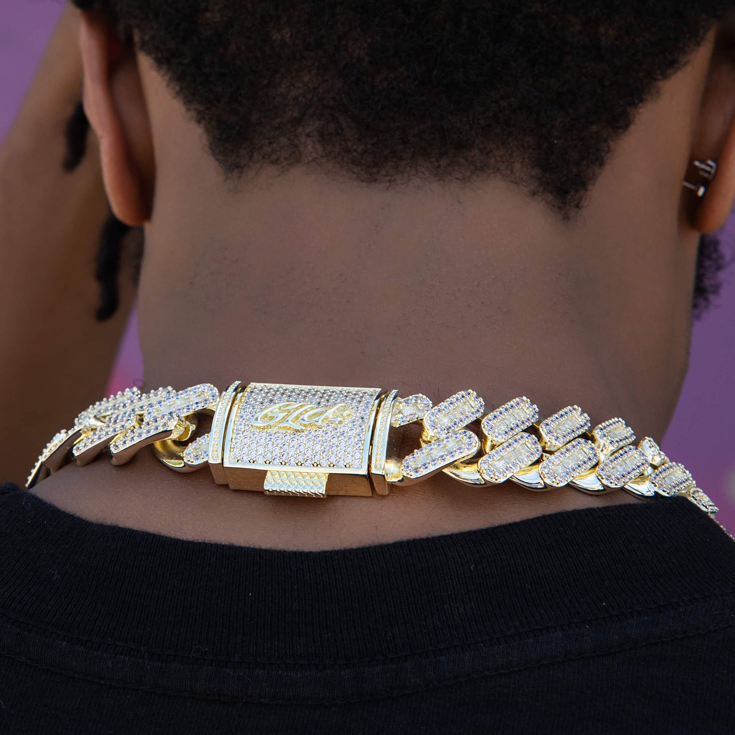 Diamond Baguette Tight Link Cuban Chain Necklace in Yellow Gold - 19mm