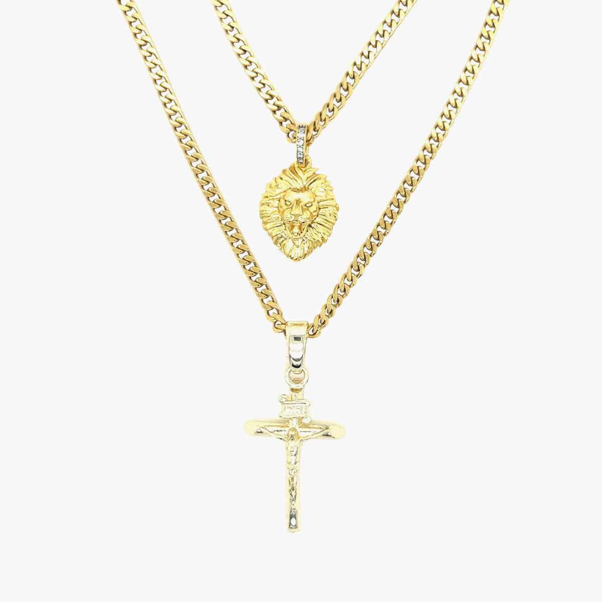 Crucifix and Lion Set in Yellow Gold