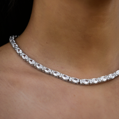 Diamond Mixed Oval Cut Tennis Necklace in White Gold - 5mm