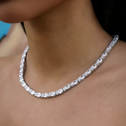 Diamond Mixed Oval Cut Tennis Necklace in White Gold - 5mm