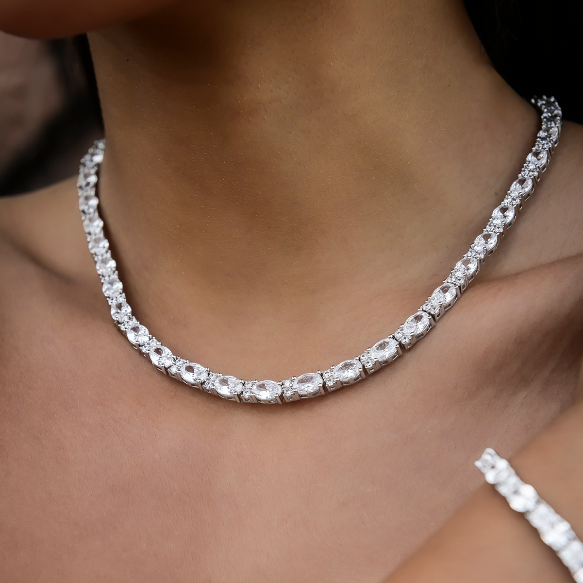 Diamond Mixed Oval Cut Tennis Necklace in White Gold - 5mm