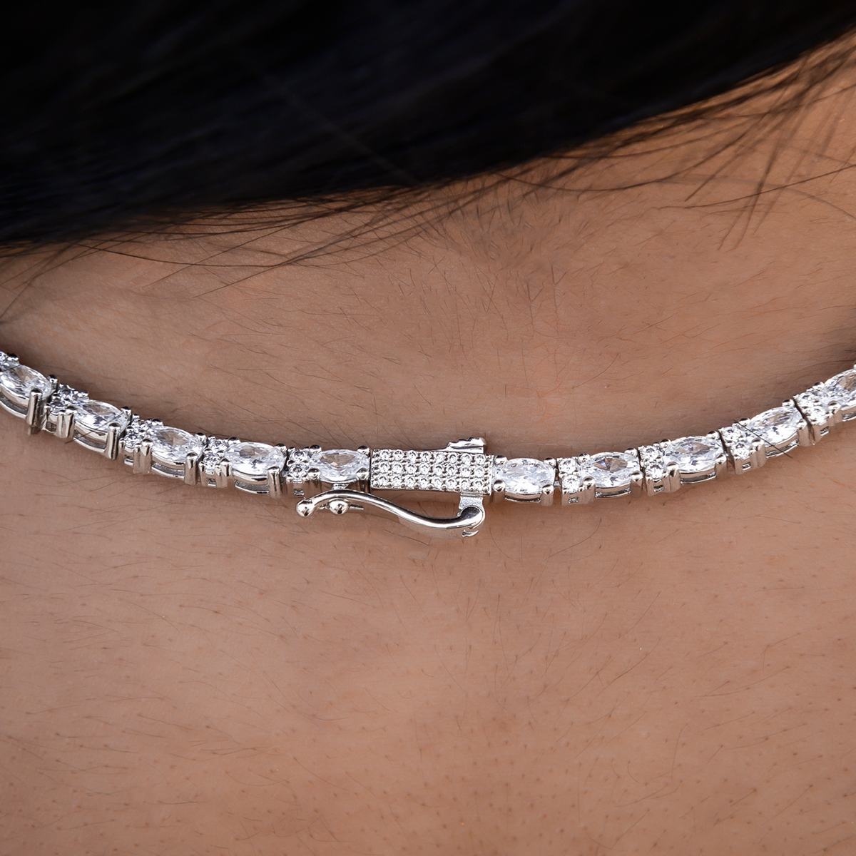 Diamond Mixed Oval Cut Tennis Necklace in White Gold - 3mm