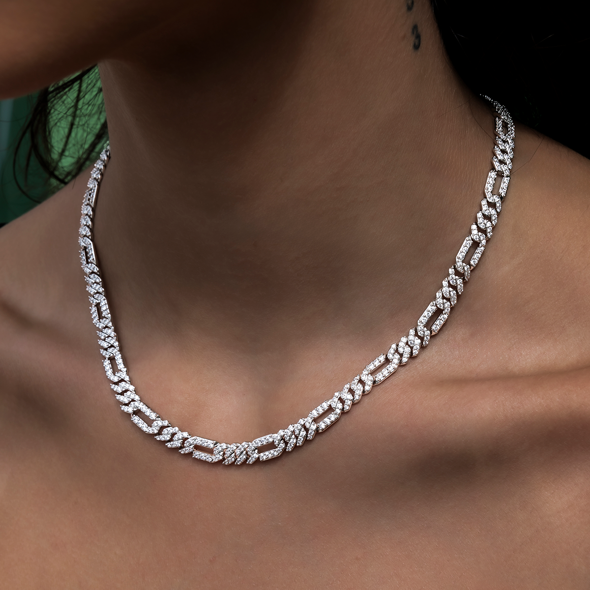 Diamond Figaro Necklace + Bracelet Bundle in White Gold- 6mm