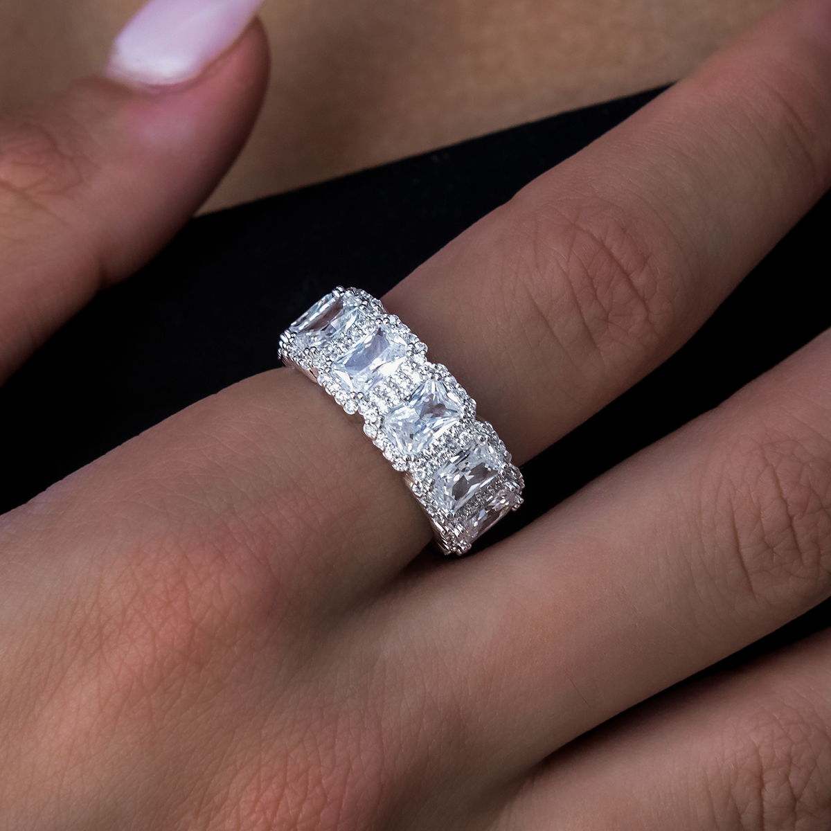 Diamond Baguette Halo Ring in White Gold Vermeil