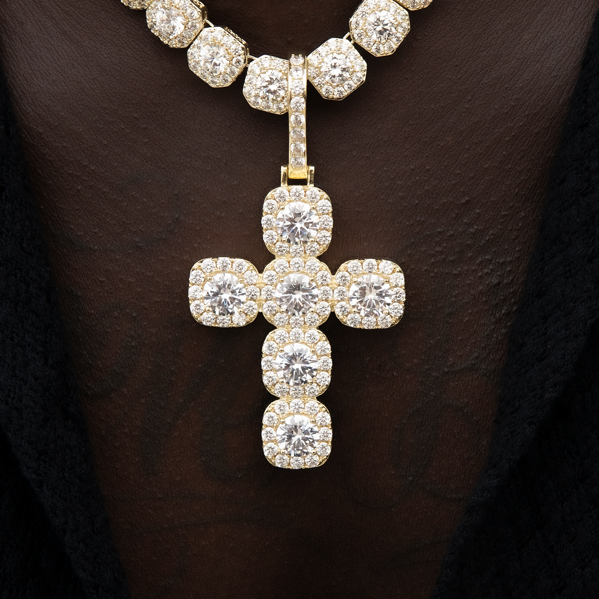 Cushion Cut Stone Cross Pendant in Yellow Gold