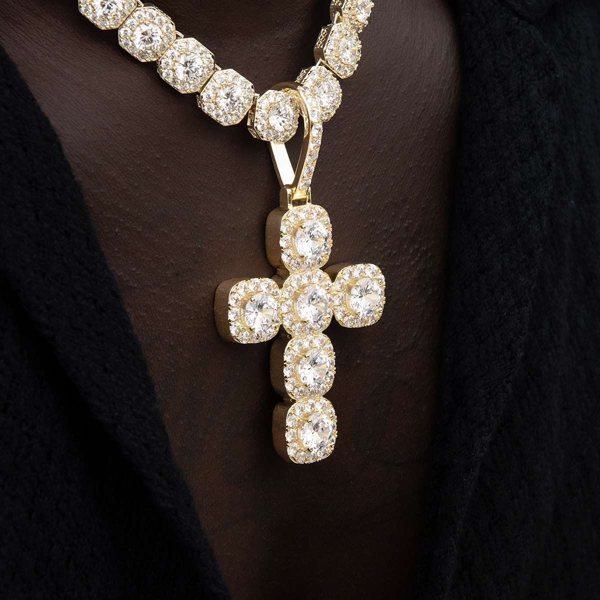 Cushion Cut Stone Cross Pendant in Yellow Gold