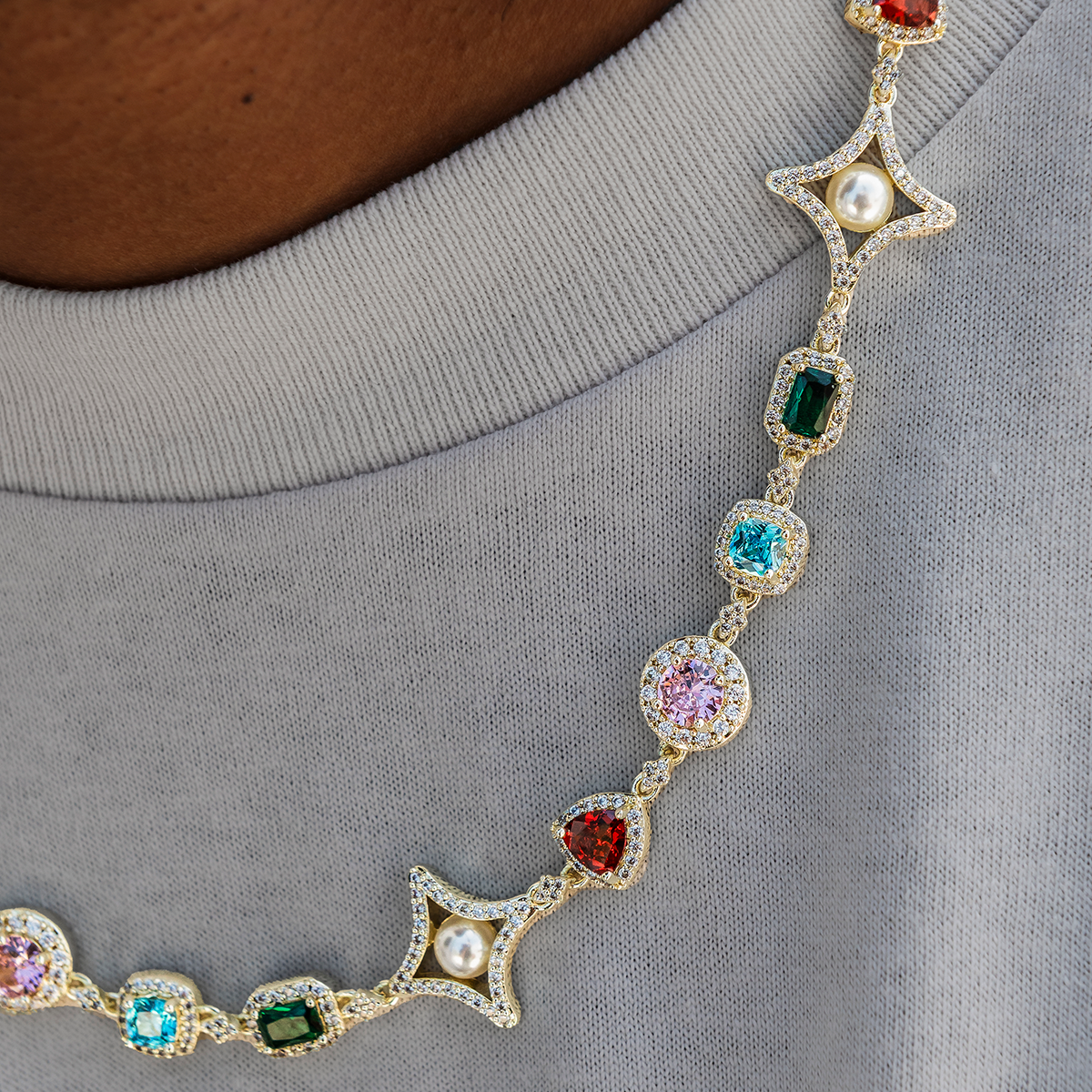 Colored Gemstone Pearl Chain in Yellow Gold - 17mm