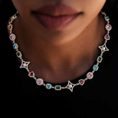 Colored Gemstone Pearl Necklace + Rosary Bundle in Yellow Gold - 17mm