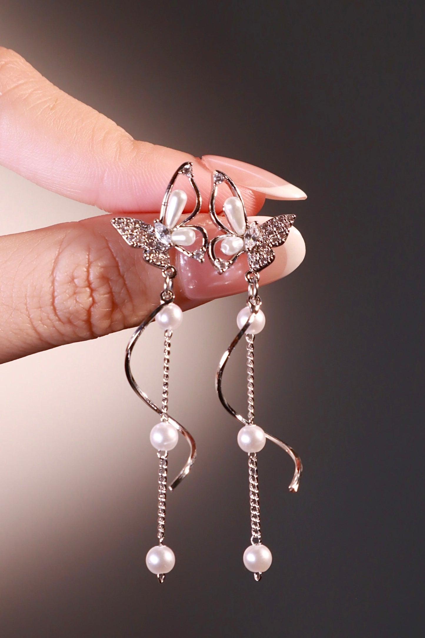 Palladium White Gold Plated Diamond Butterfly Pearls Dangle Earrings