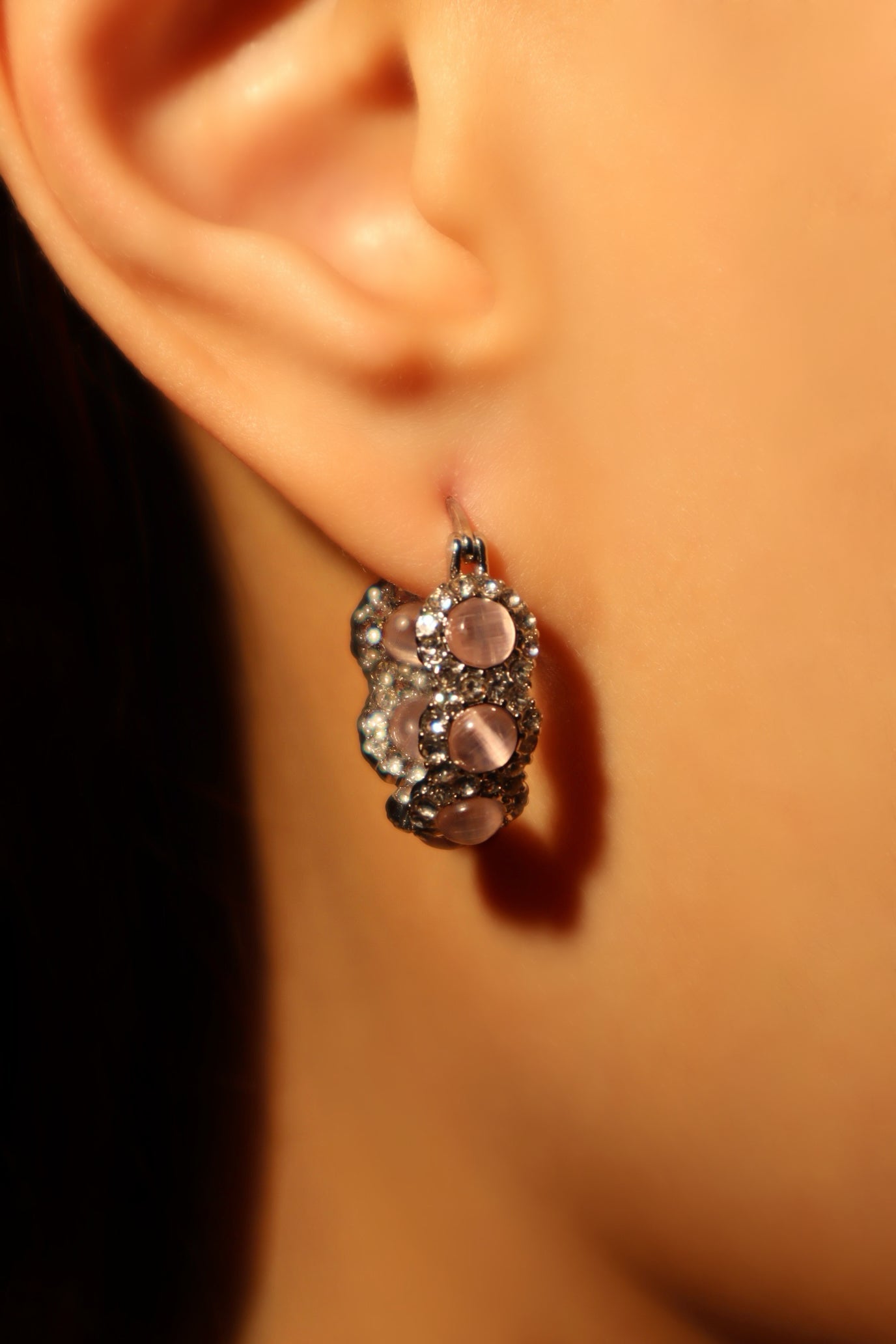 Palladium White Gold Plated Pink Opal Hoop Earrings