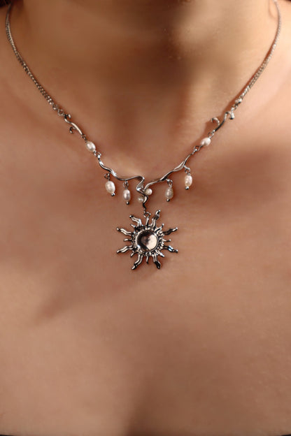 Palladium White Gold Plated White Opal Sun Pearls Necklace