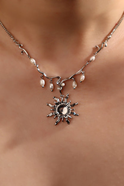 Palladium White Gold Plated White Opal Sun Pearls Necklace