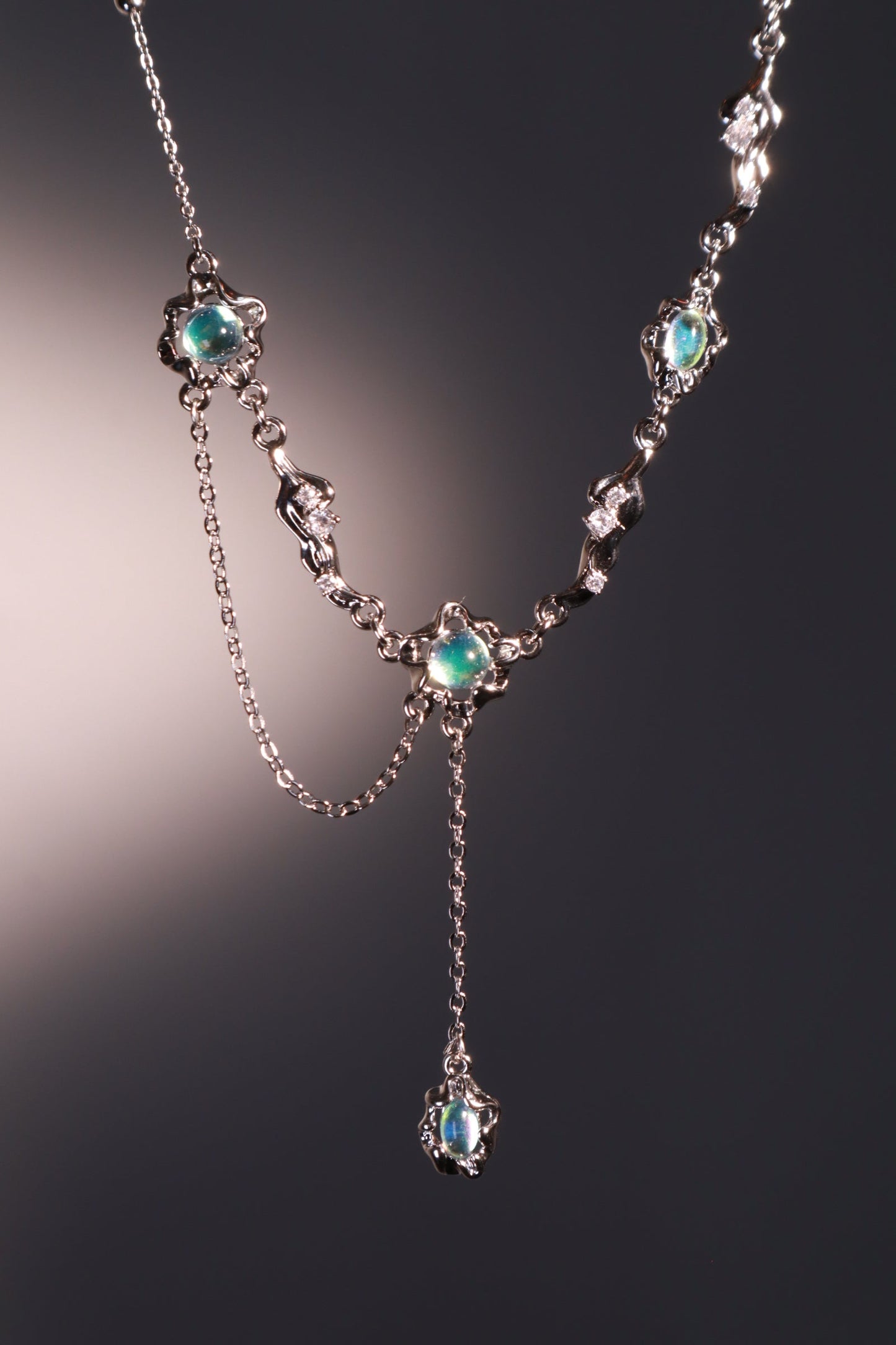 Palladium White Gold Plated Multi Opal Dangle Necklace