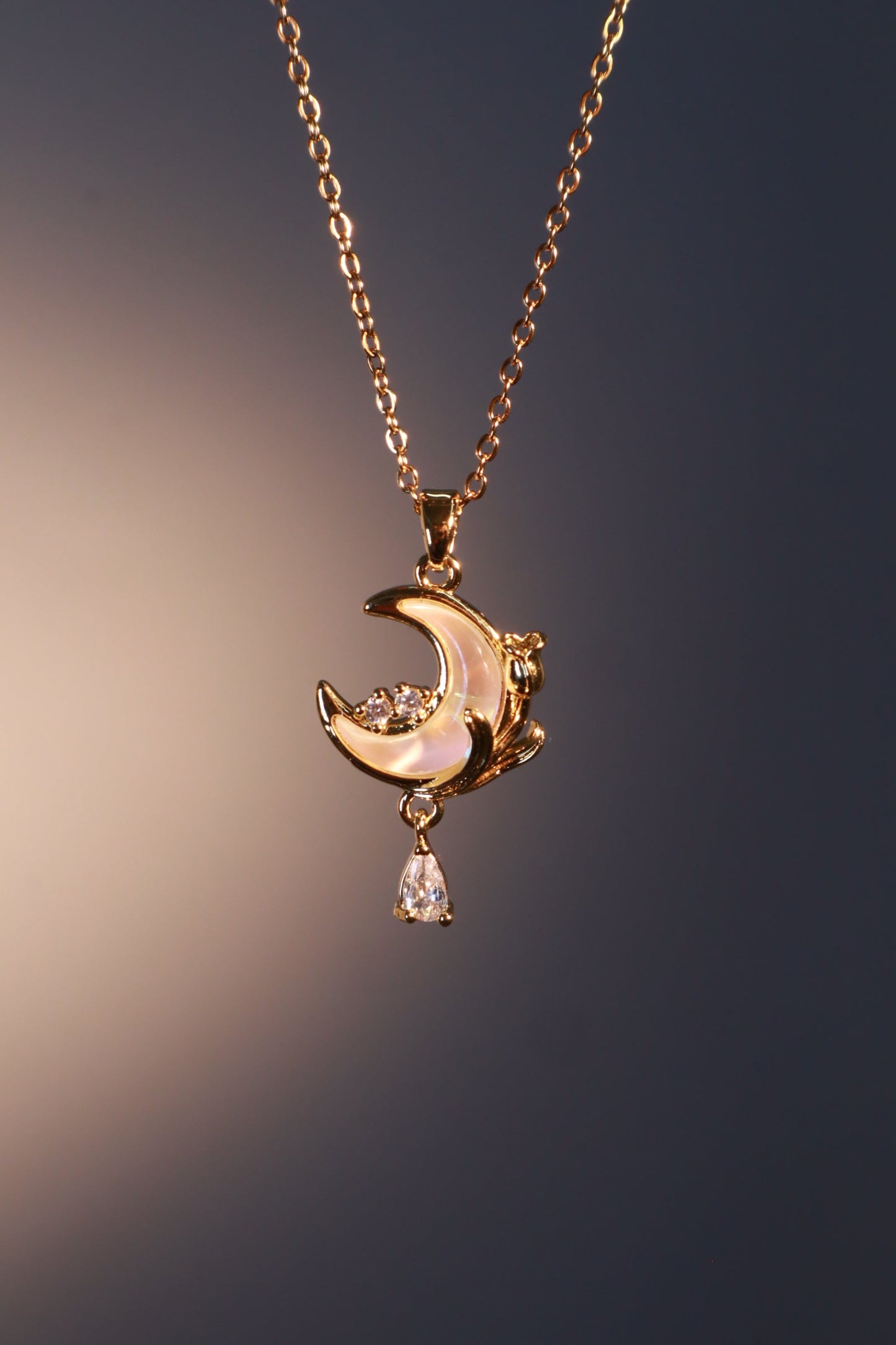 18K Real Gold Plated White Rose Moon Necklace