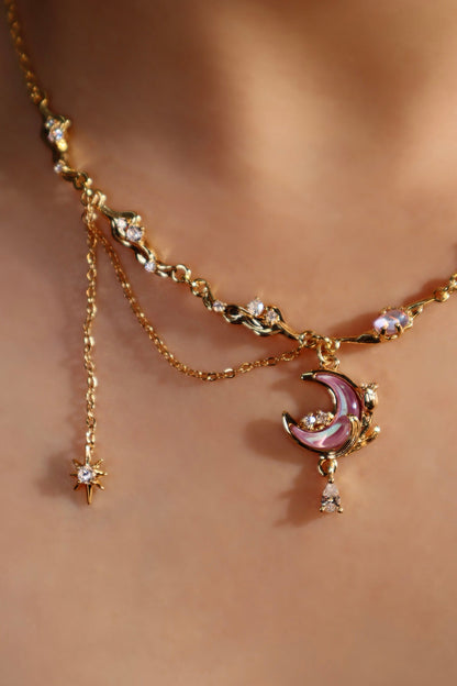 18K Real Gold Plated Sparkle Rose Moon Necklace