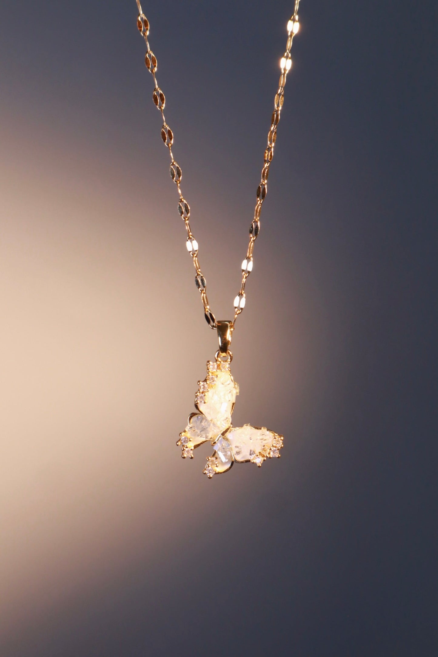 18K Real Gold Plated Crystal Butterfly Pendant Necklace