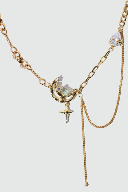 18K Real Gold Plated Blue Gem Moon Star Necklace