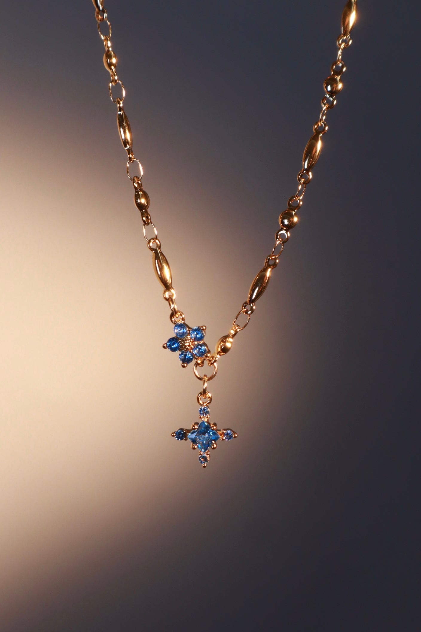 18K Real Gold Plated Aquamarine Starlight Cross Necklace