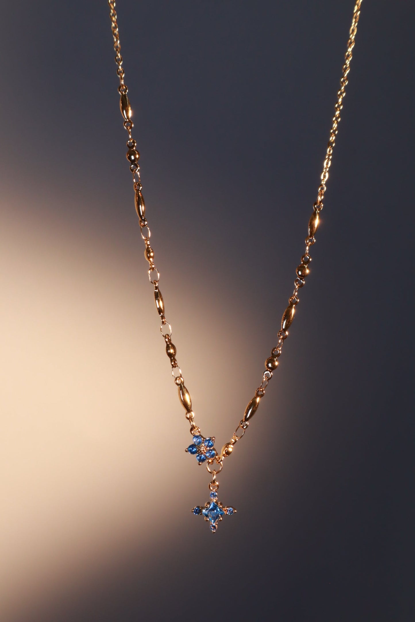 18K Real Gold Plated Aquamarine Starlight Cross Necklace