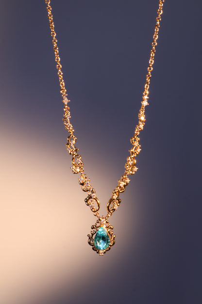 18K Real Gold Plated Blue Gem Droplet Lace Necklace