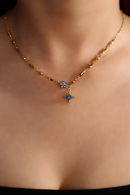 18K Real Gold Plated Aquamarine Starlight Cross Necklace