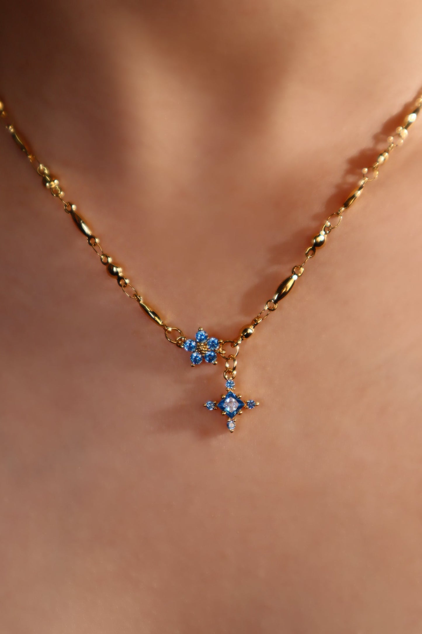 18K Real Gold Plated Aquamarine Starlight Cross Necklace