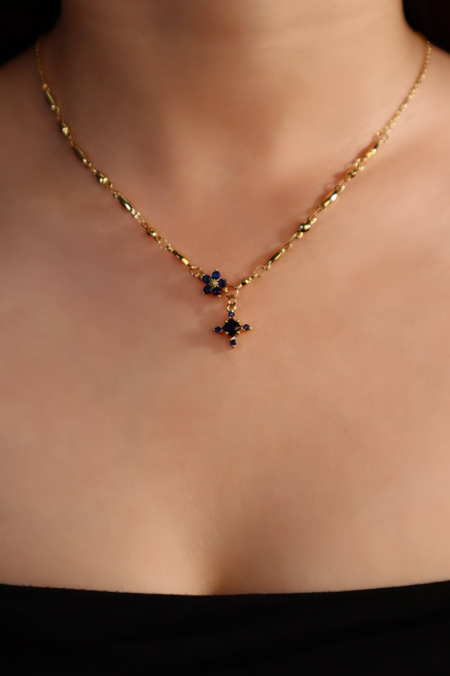 18K Real Gold Plated Sapphire Starlight Cross Necklace