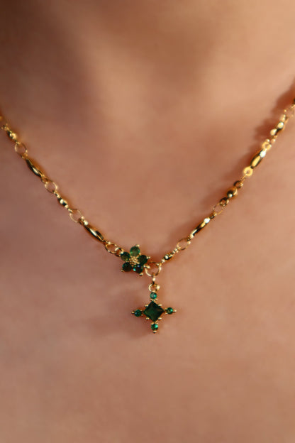 18K Real Gold Plated Emerald Starlight Cross Necklace