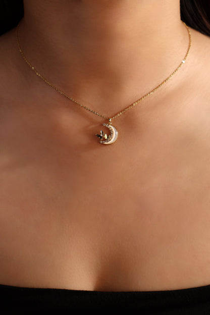 14K Real Gold Plated Diamond Moon Butterfly Necklace