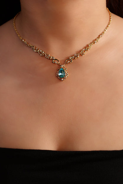 18K Real Gold Plated Blue Gem Droplet Lace Necklace